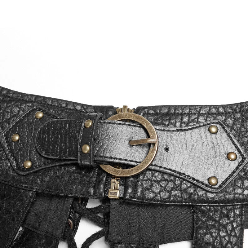 Gothic Harness Skirt – Schwarzer Steampunk Käfigrock aus Kunstleder.