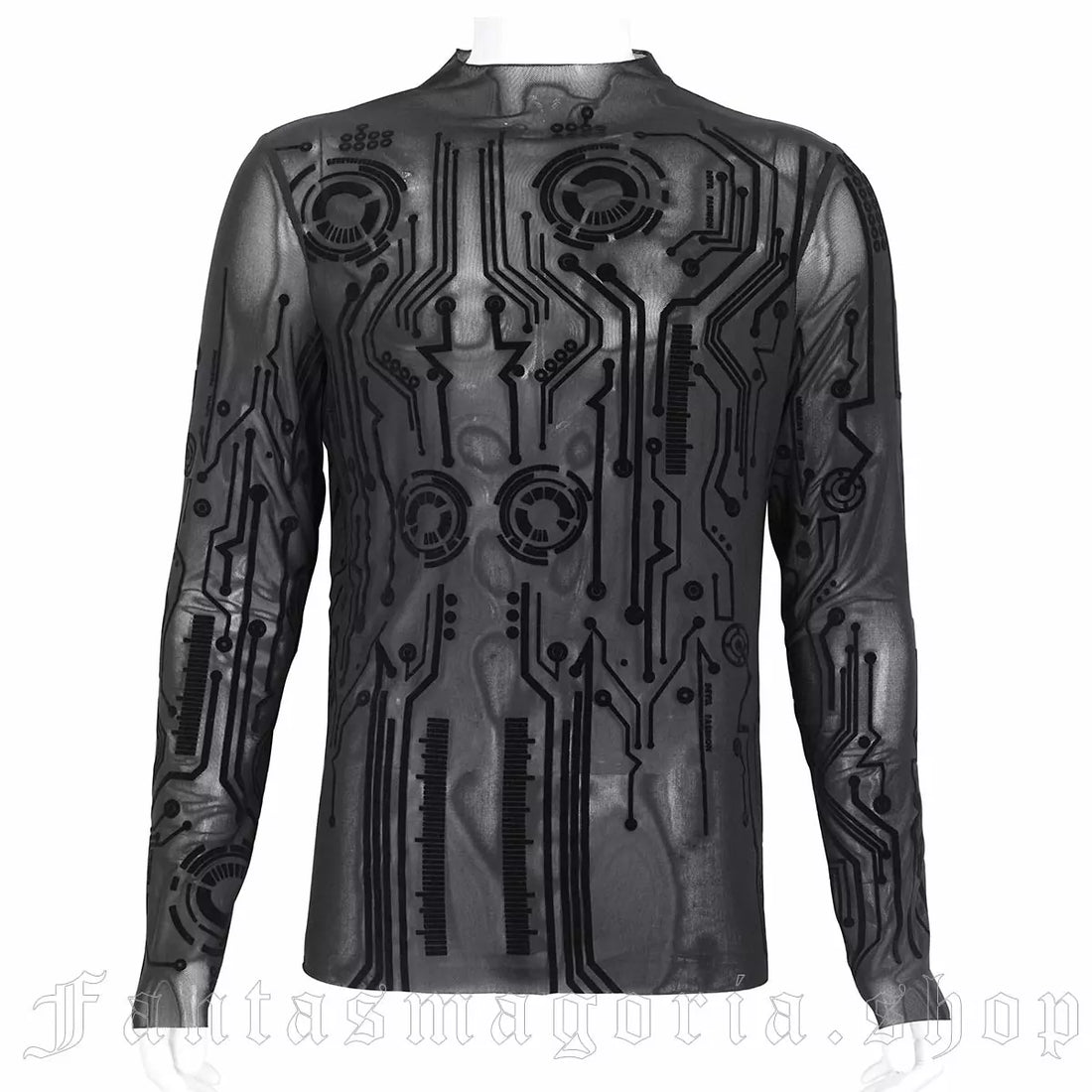 Black Gothic Cyberpunk Mesh Shirt – Herren Longsleeve mit Tech-Pattern.