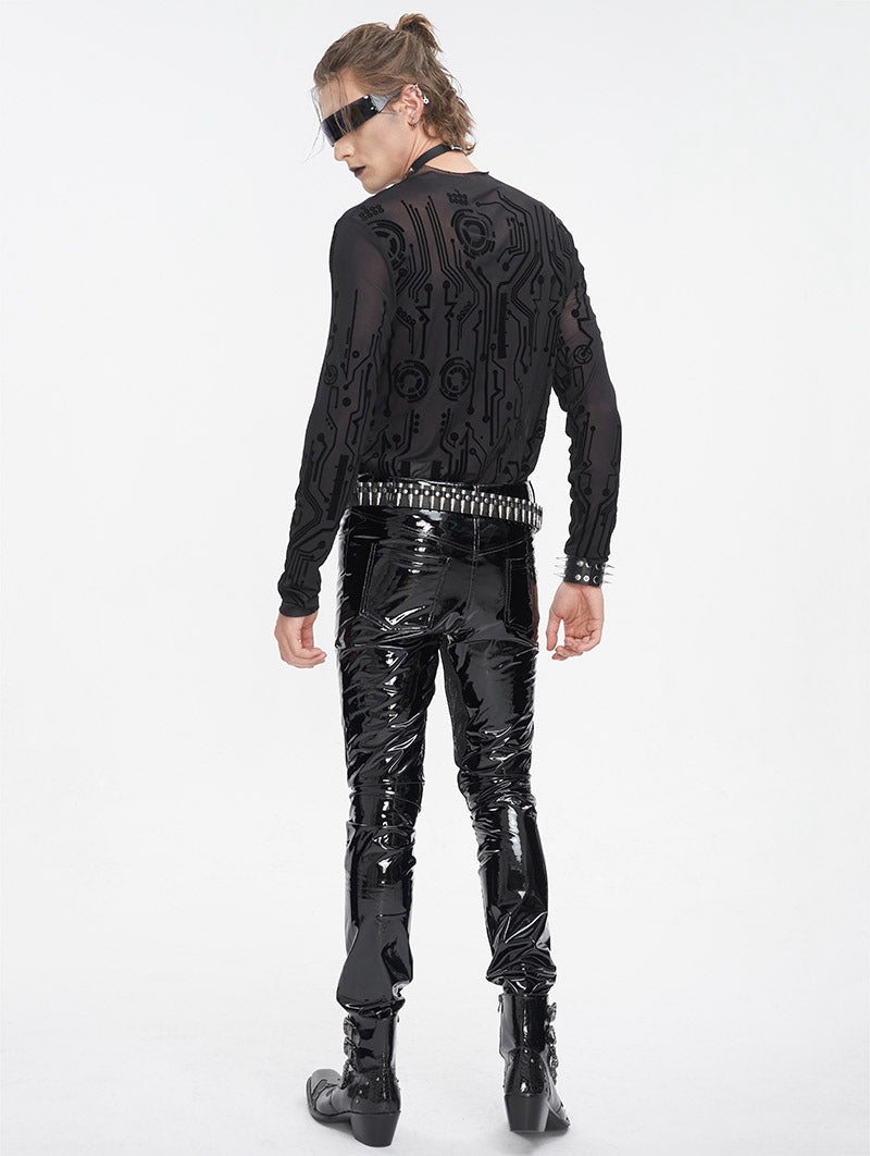 Black Gothic Cyberpunk Mesh Shirt – Herren Longsleeve mit Tech-Pattern.