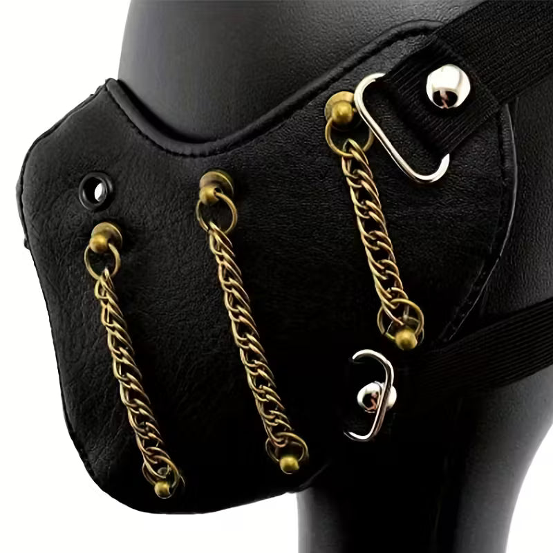 Kunstleder-Maske mit Zahnrädern, Metallketten & verstellbaren Riemen