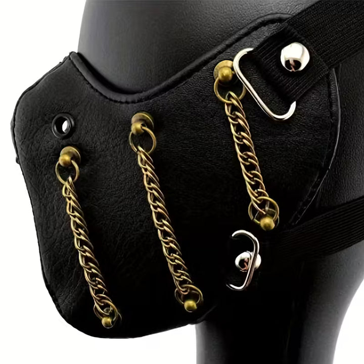 Kunstleder-Maske mit Zahnrädern, Metallketten & verstellbaren Riemen