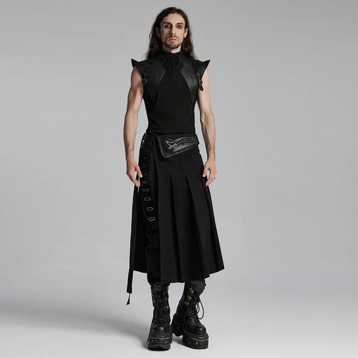 Schwarzes Cyberpunk Sleeveless Top von Punk Rave mit Kunstleder-Schultern – Frontansicht