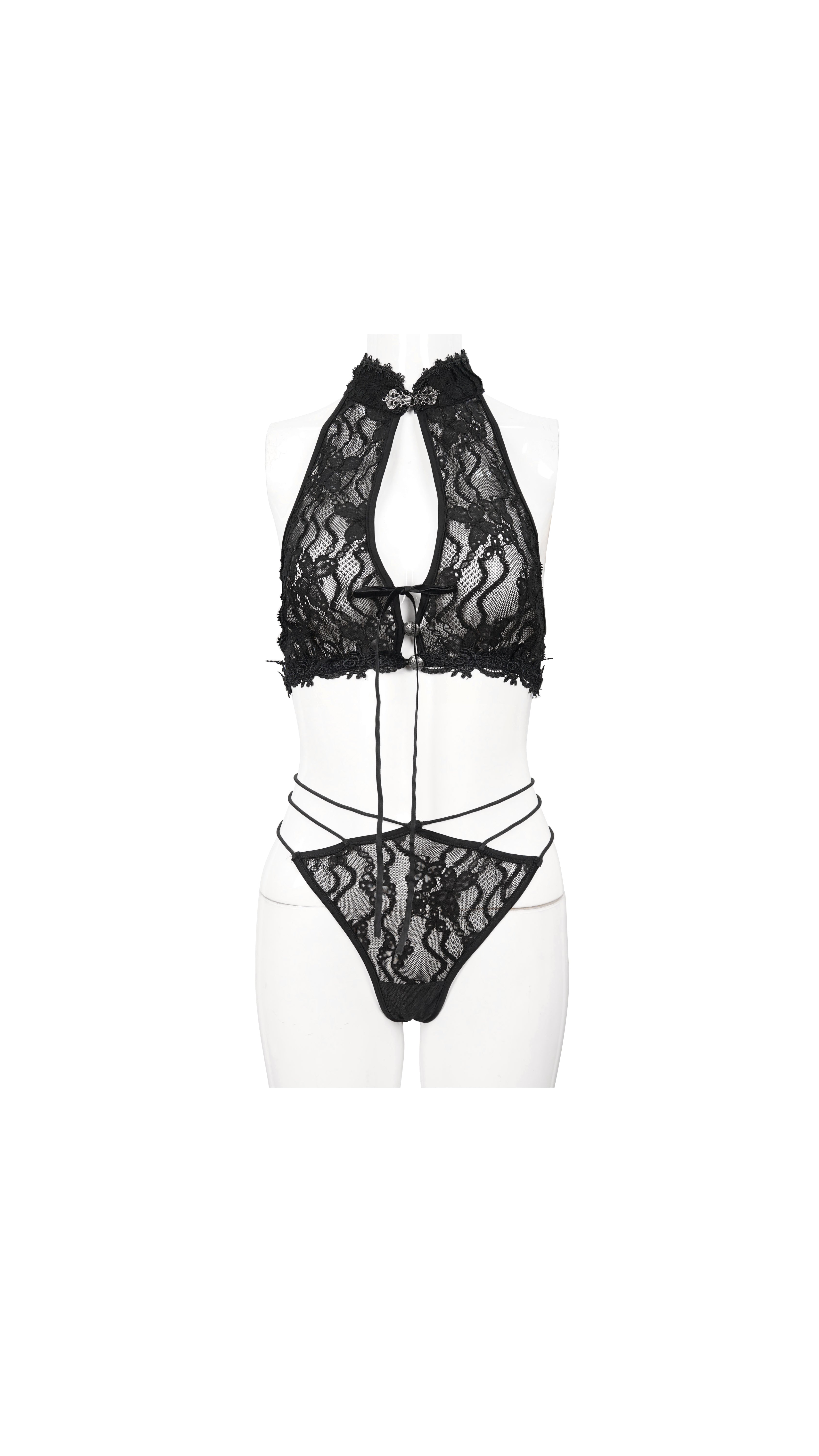Devil Fashion Gothic Lingerie-Set – Transparente Spitze mit hohem Kragen