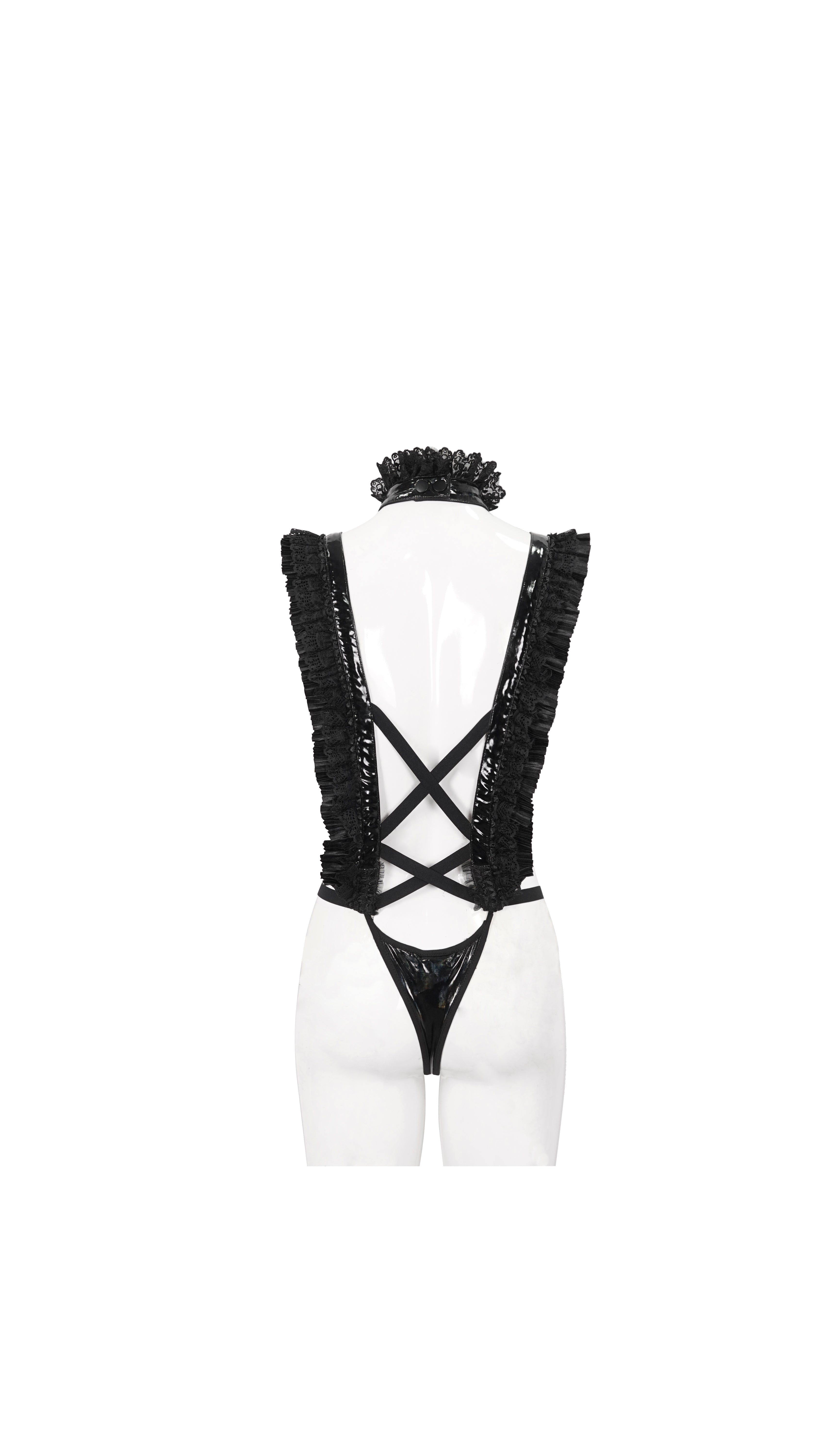 Devil Fashion – Harness-Body „Obsidian Seductress“ aus Spitze & Lack in Schwarz