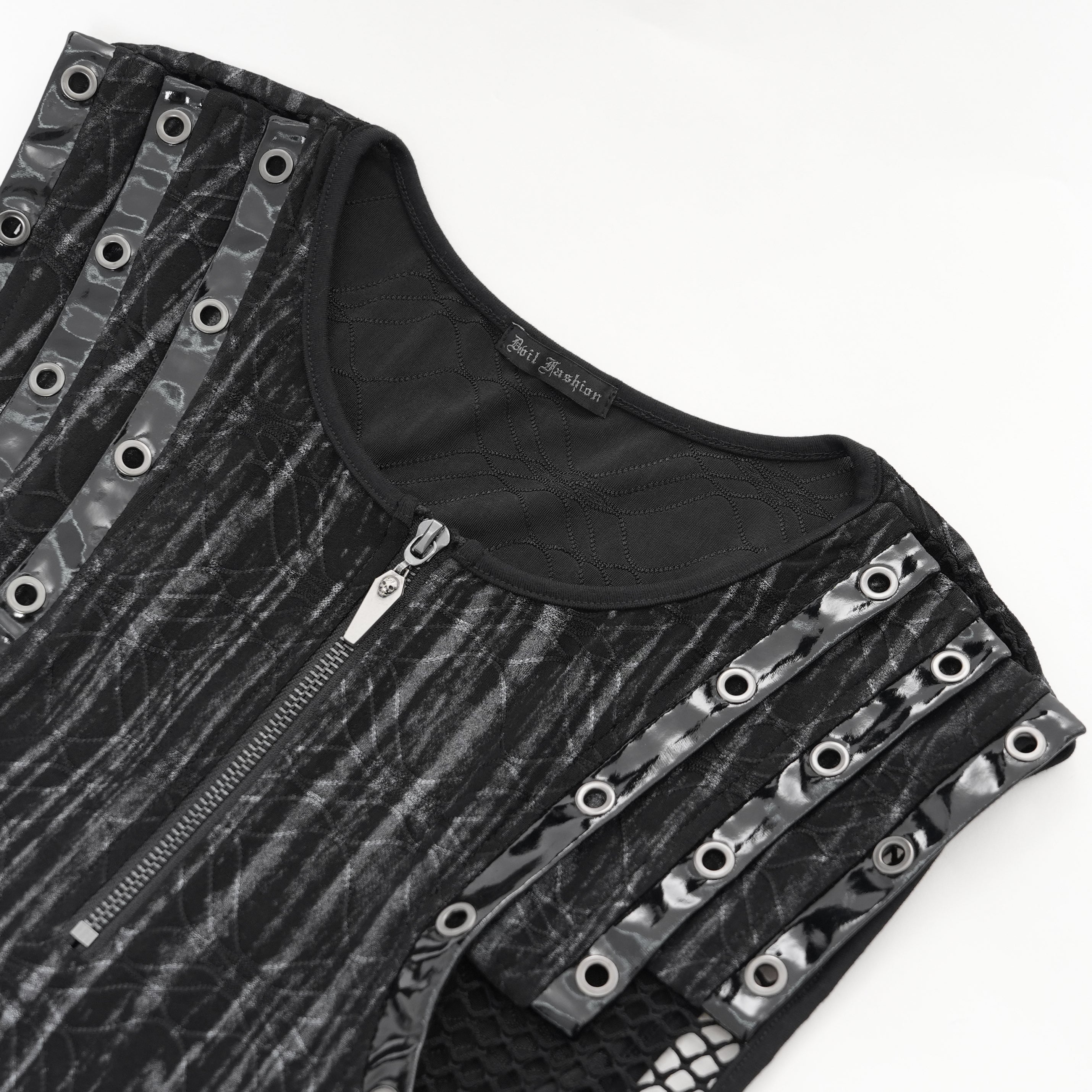 Devil Fashion Dark Punk Top – Gestreifte Weste mit Mesh-Seiten & Sarg-Zipper Schwarz-Grau