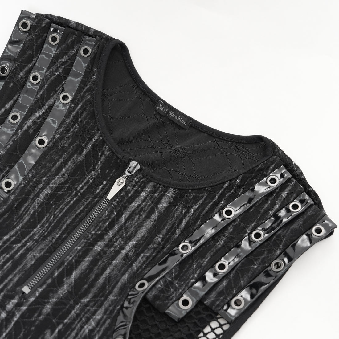 Devil Fashion Dark Punk Top – Gestreifte Weste mit Mesh-Seiten & Sarg-Zipper Schwarz-Grau