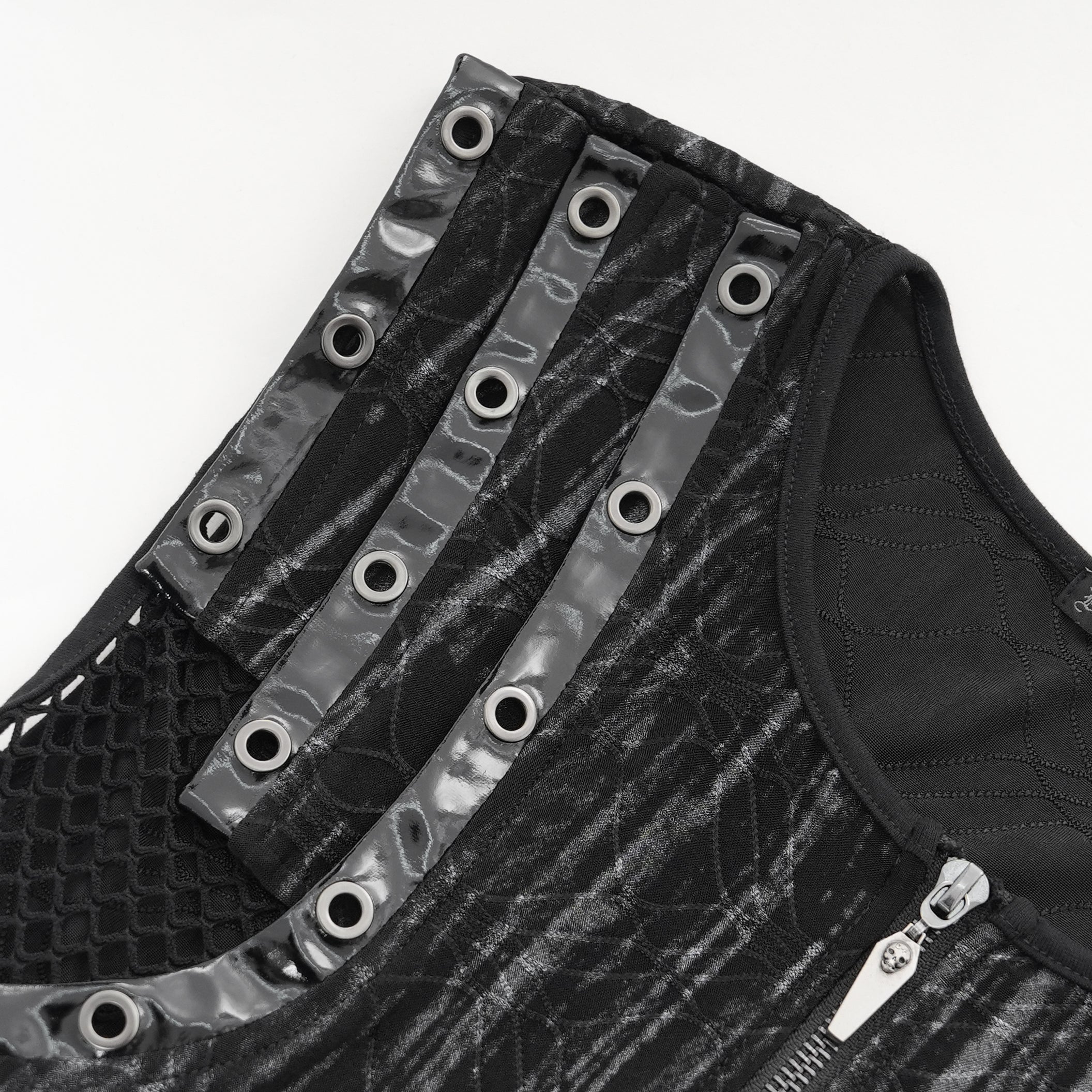 Devil Fashion Dark Punk Top – Gestreifte Weste mit Mesh-Seiten & Sarg-Zipper Schwarz-Grau