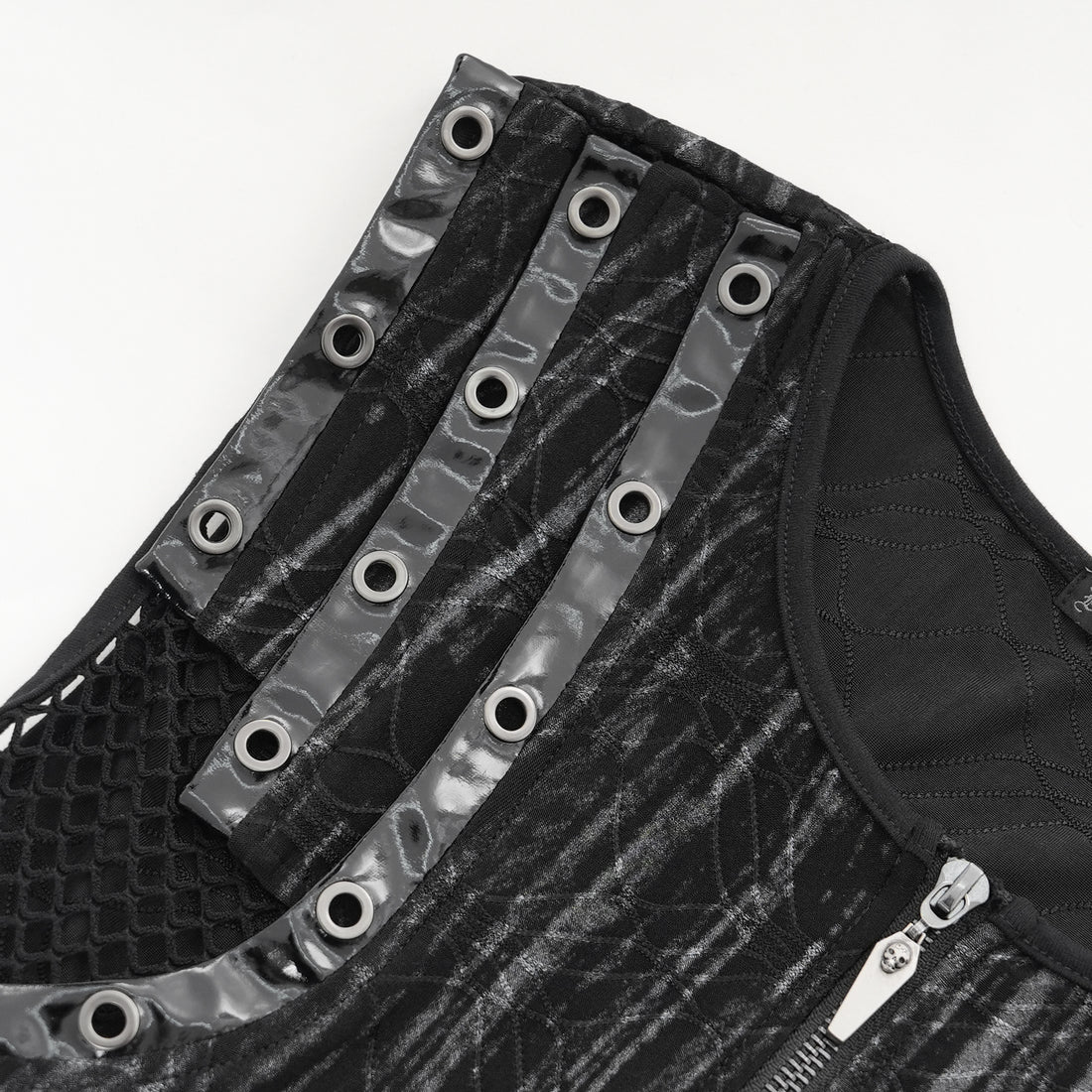 Devil Fashion Dark Punk Top – Gestreifte Weste mit Mesh-Seiten & Sarg-Zipper Schwarz-Grau