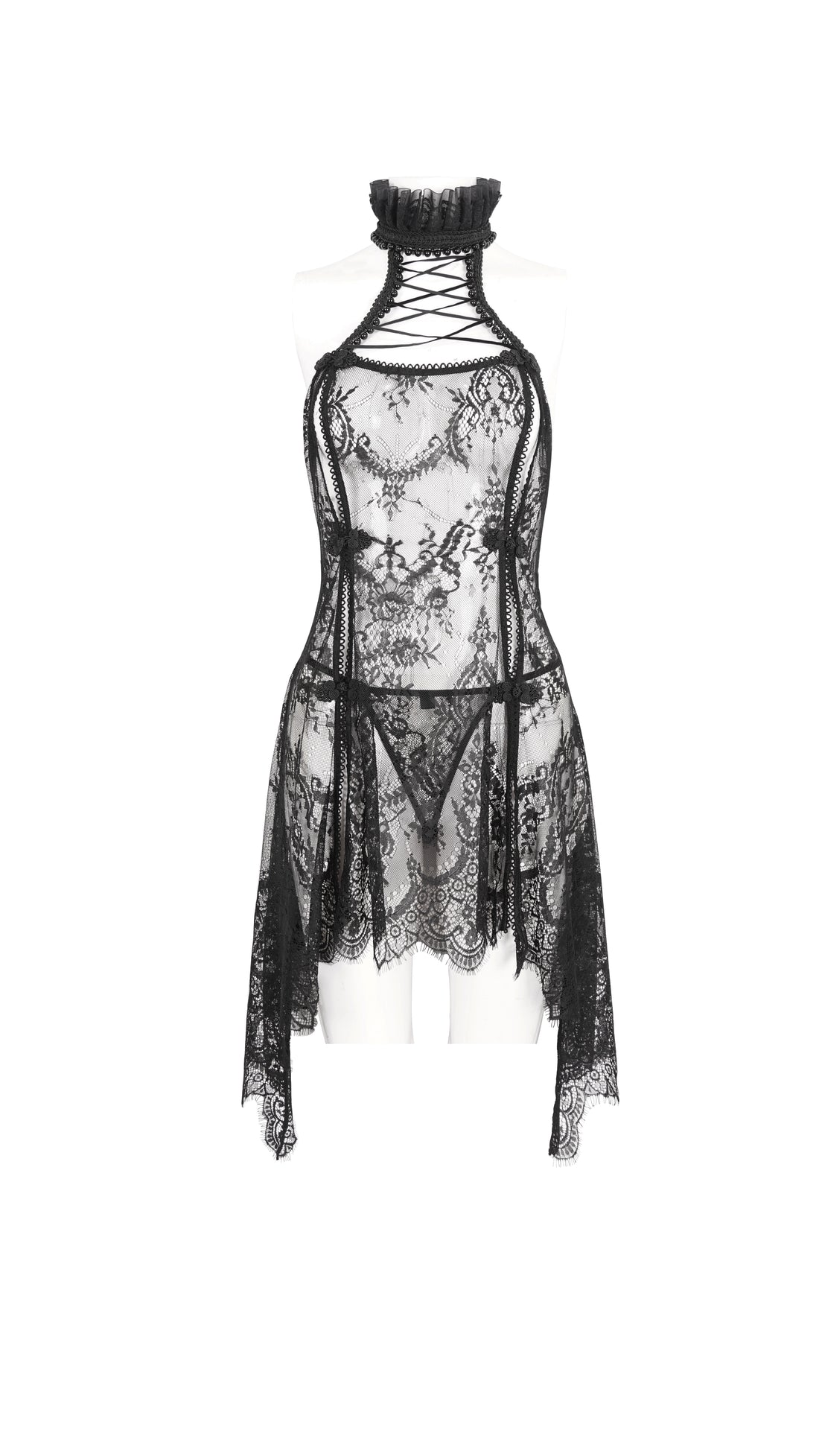 Devil Fashion – Schwarzes Spitzen-Negligee | Sexy Transparent-Kleid mit Choker & String