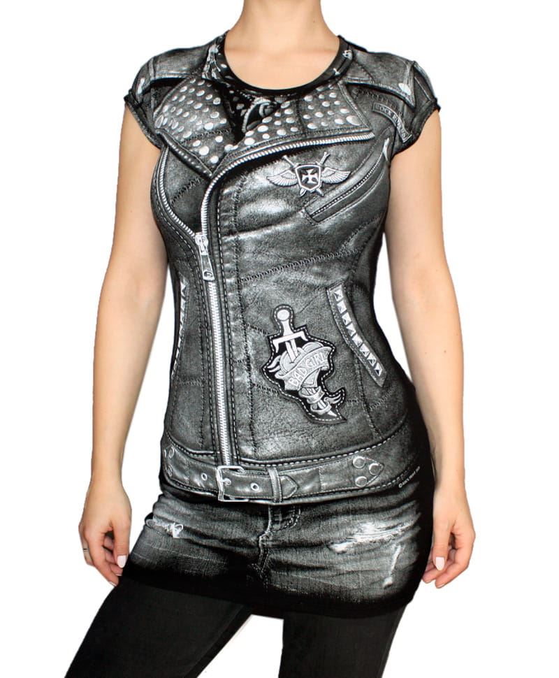 Rockiges Damen Top mit coolem Biker Kutten Print, Frontansicht