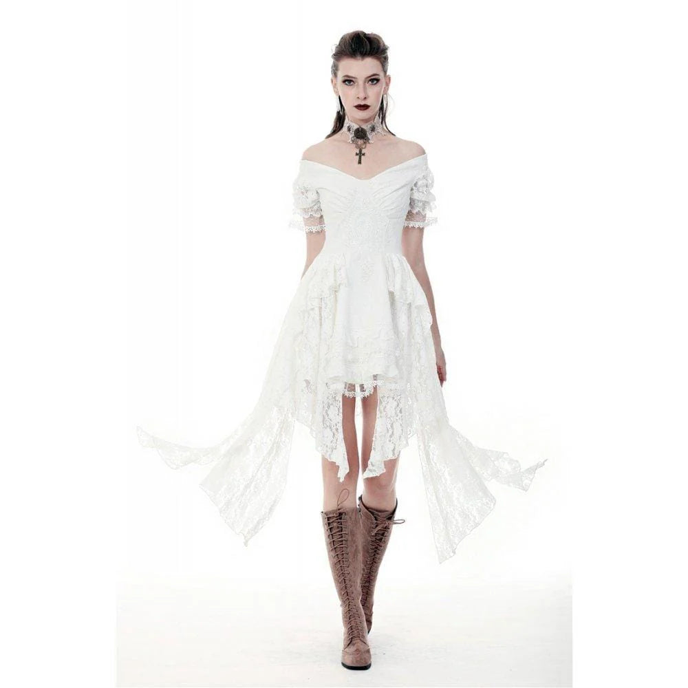 Weißes Gothic Kleid DW362 von Dark In Love mit Off-Shoulder Schnitt und asymmetrischem Spitzen-Saum – Frontansicht