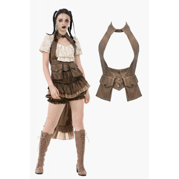 Steampunk Weste Damen in Braun mit Cut-Out und Cargo-Taschen von Dark in Love