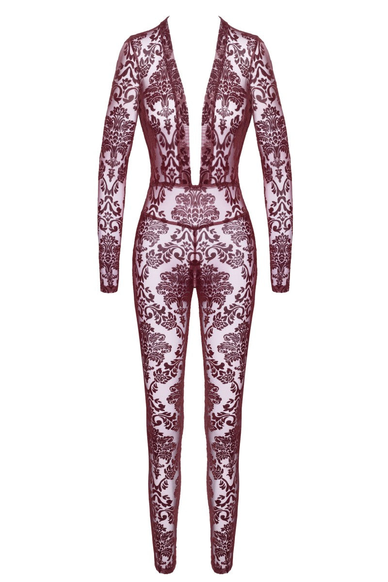 Detailaufnahme des burgunder Flocktüll-Materials im Noir Handmade F382