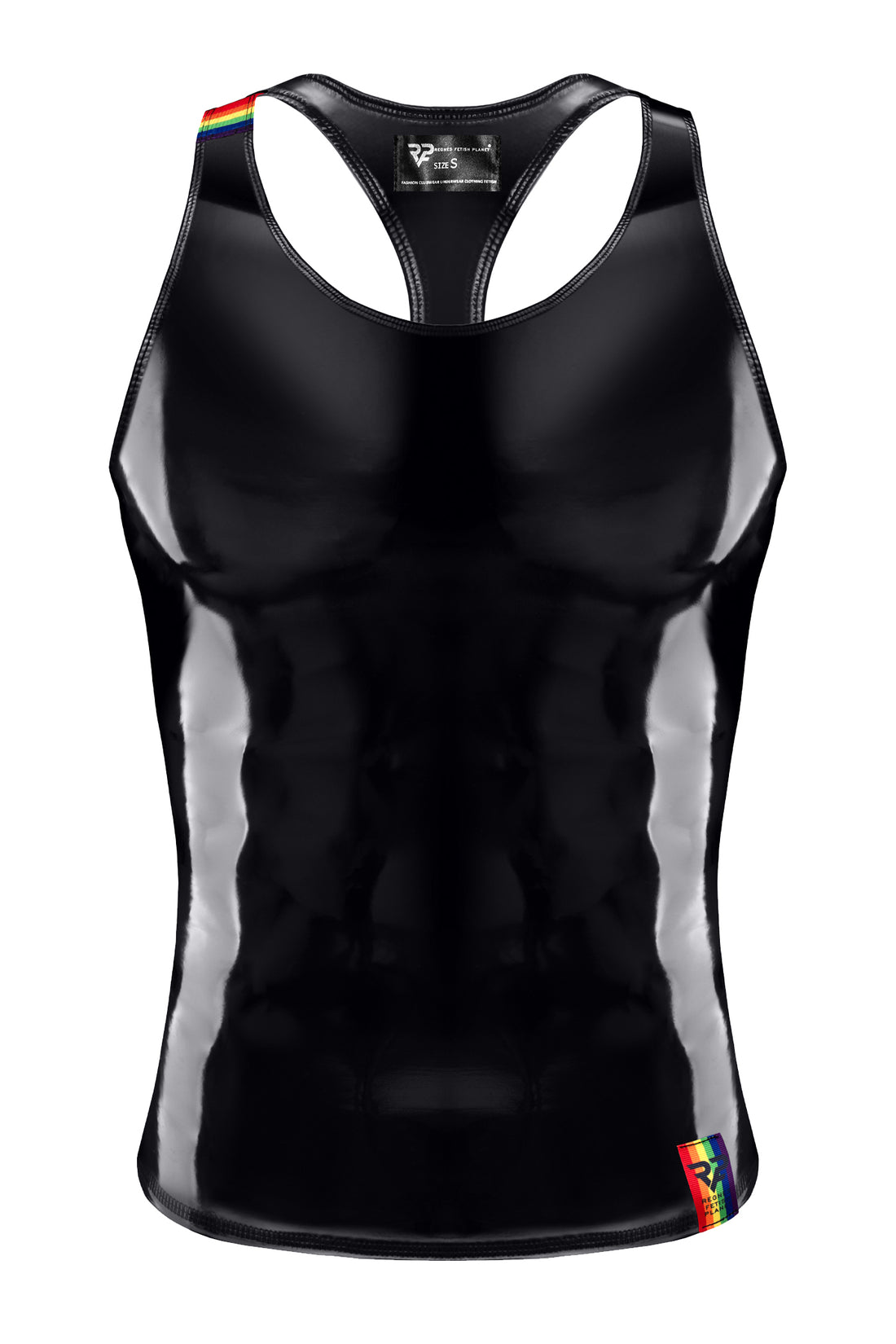 Nahaufnahme der bunten Rainbow-Details und RFP-Logo am Tanktop