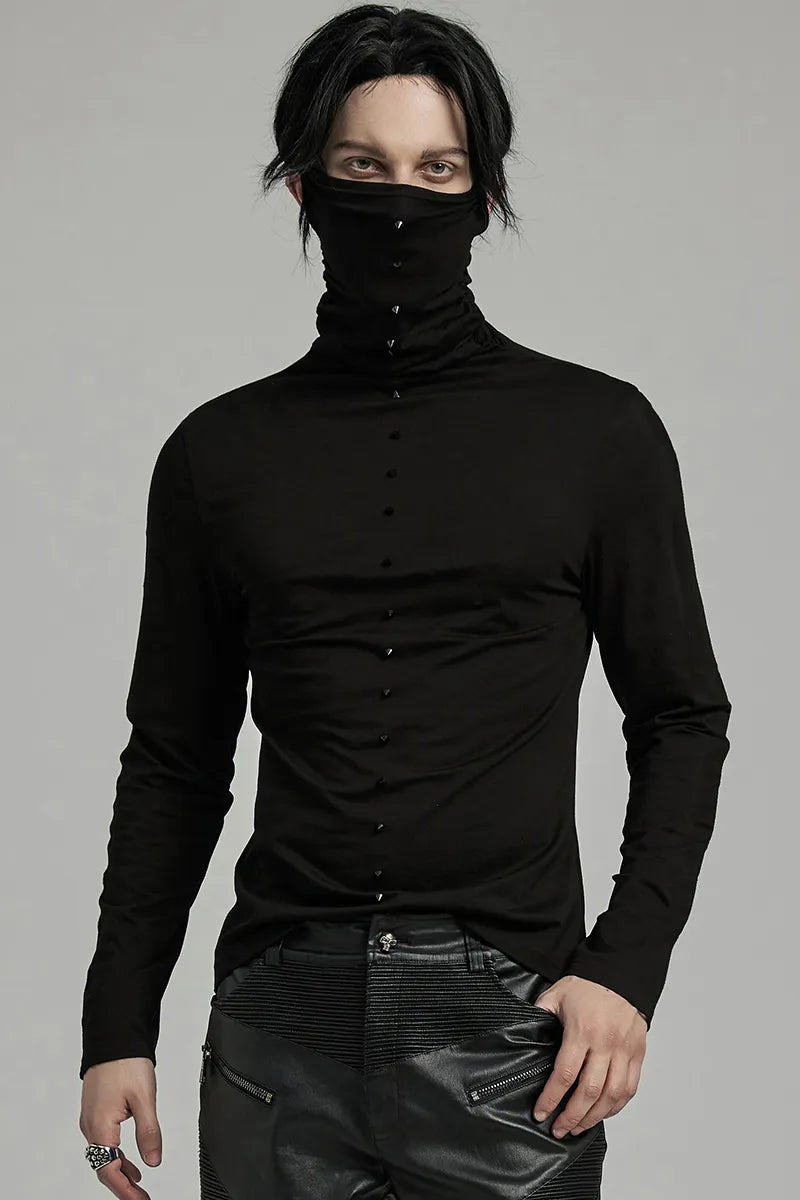 Punk Rave Herren Longsleeve mit hohen Kragen & Killernieten – Gothic Shirt Schwarz.