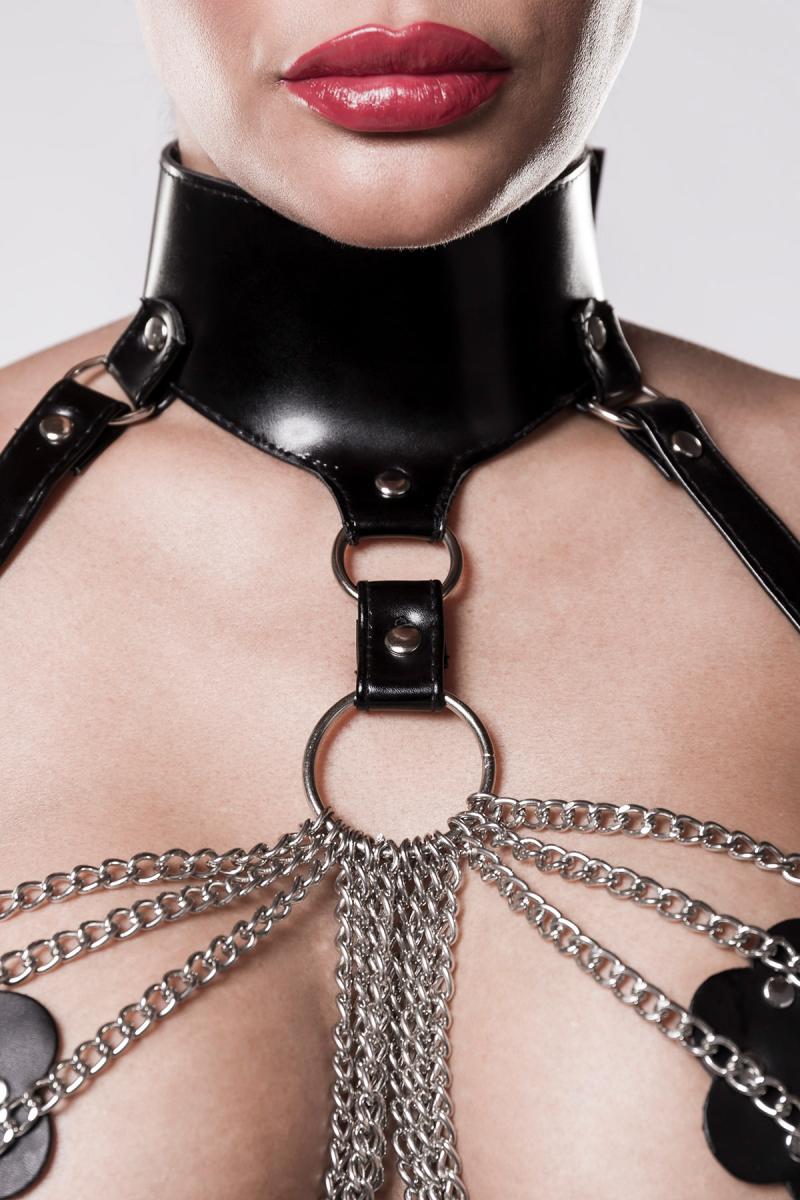 Extravaganter Kragen mit O-Ringen und Ketten im Fetish-Design – Grey Velvet Harness Set