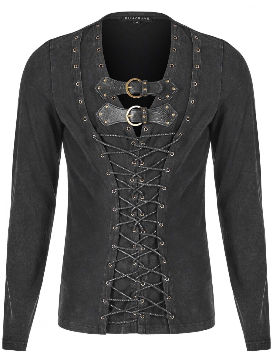 Schwarzer Herren Steampunk Pullover mit Schnürung & Schnallen – Punk Rave.