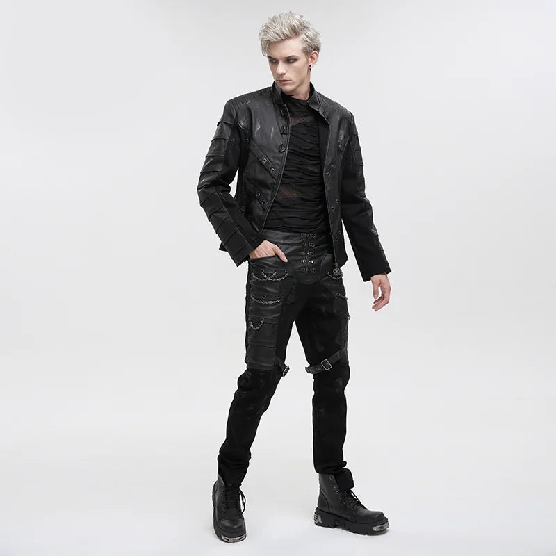Devil Fashion Herrenjeans Schwarz – Distressed Gothic Hose mit Ketten & Kunstleder.