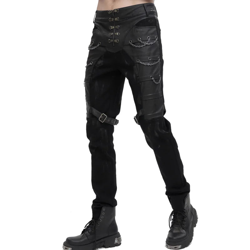 Devil Fashion Herrenjeans Schwarz – Distressed Gothic Hose mit Ketten & Kunstleder.