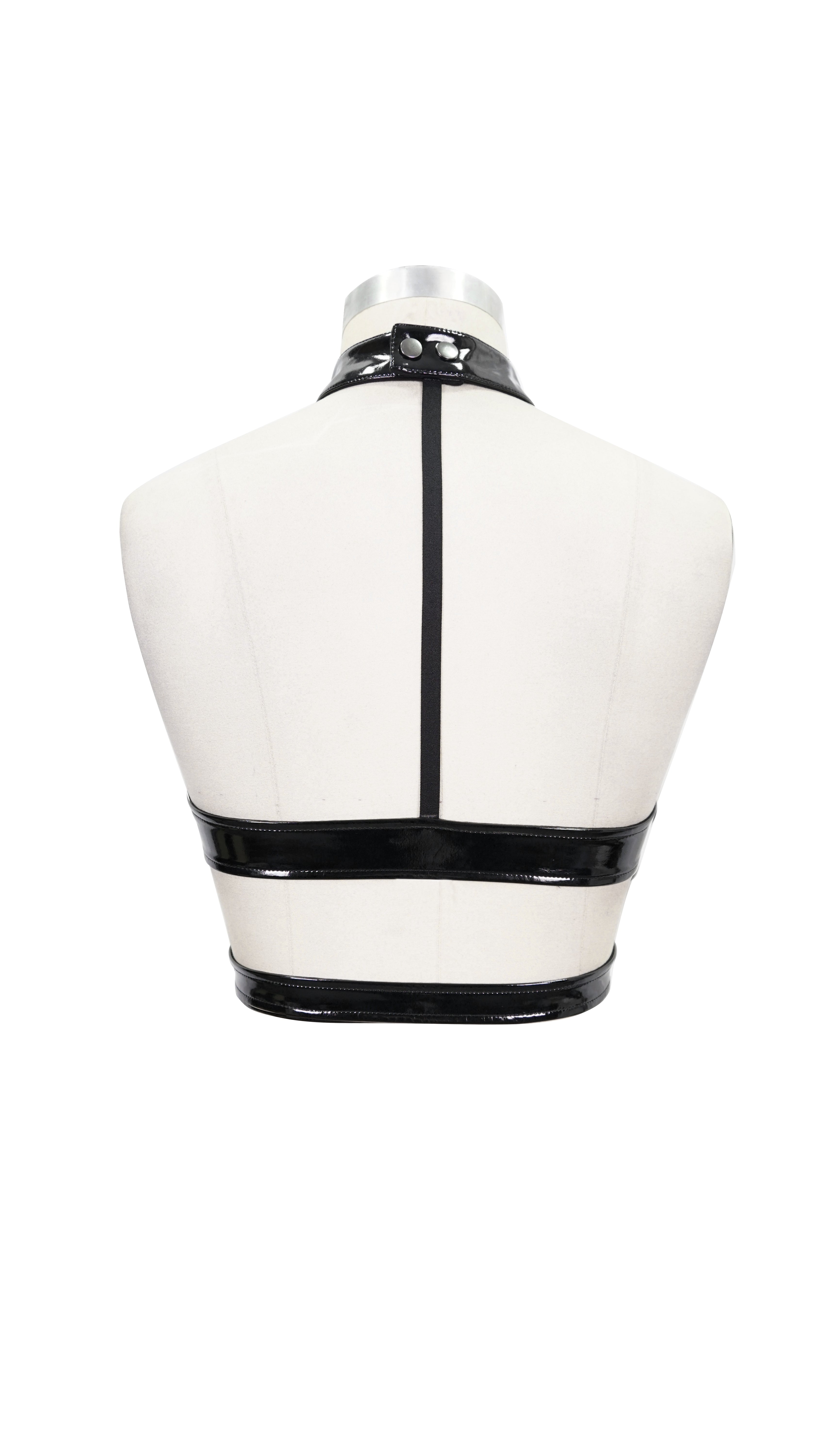 Nahaufnahme des Lackglanzes und des verstellbaren Bondage-Halsbands mit Druckknopf