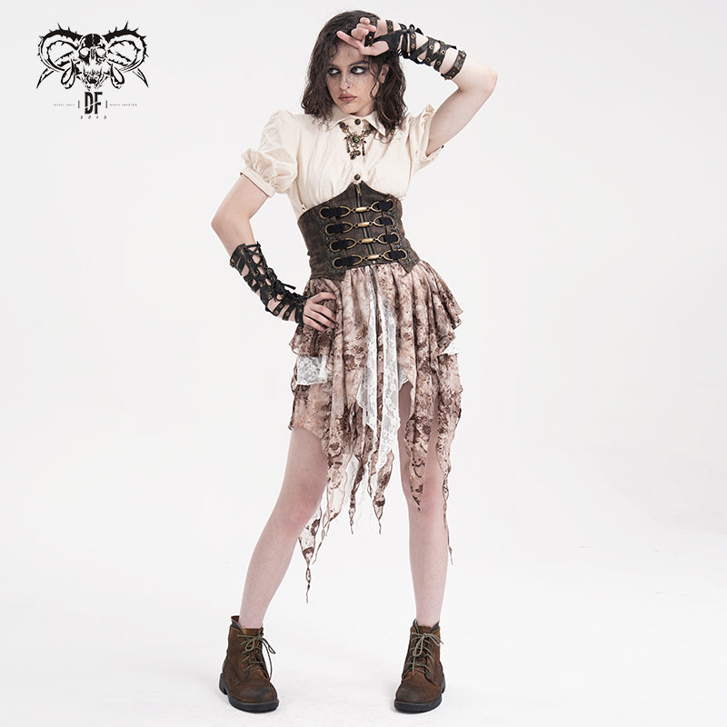 Steampunk Underbust Korsettgürtel in Braun/Bronze von Devil Fashion mit Metallhaken Vorderansicht