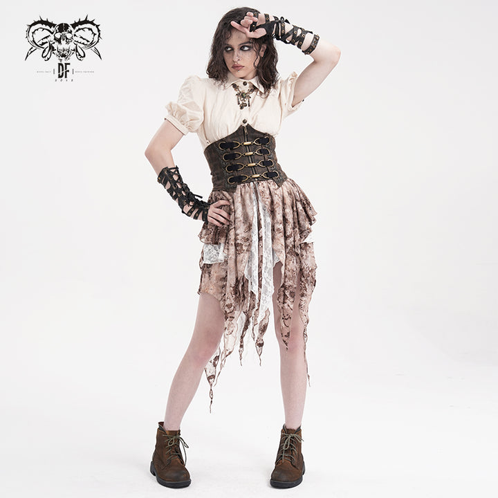 Steampunk Underbust Korsettgürtel in Braun/Bronze von Devil Fashion mit Metallhaken Vorderansicht