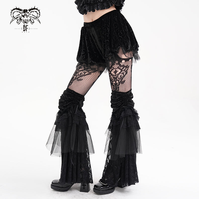 Schwarze Gothic Samtshorts mit Spitze und barockem Jacquard-Muster