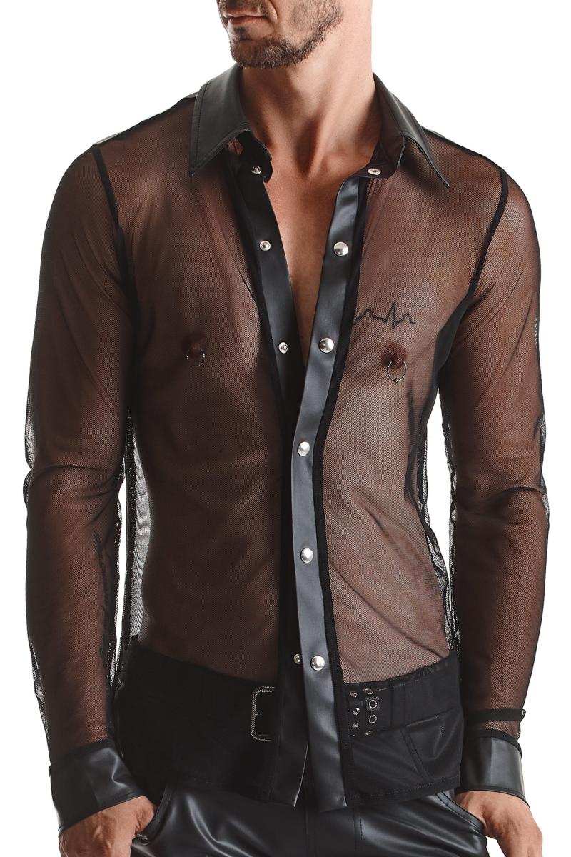 Figurbetontes schwarzes Hemd mit Wetlook-Kragen und Mesh-Elementen