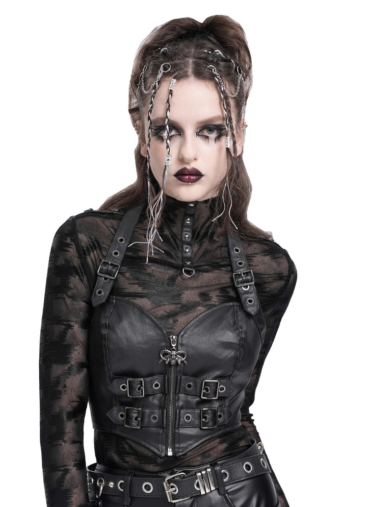 Gothic Neckholder Crop Top in Lederoptik mit Schnallen und Skull-Reißverschluss