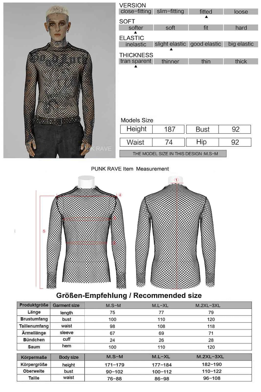 PUNK RAVE Fishnet Longsleeve - Coarse Men's Mesh Shirt with Stud Details Black