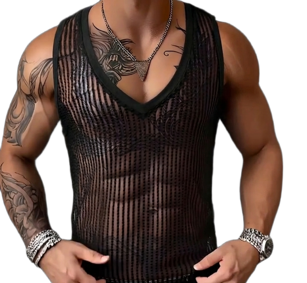 Transparentes Herren Mesh-Top mit Streifenstruktur in Schwarz