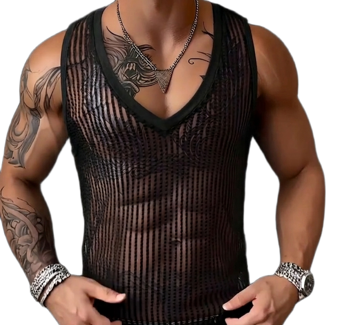Transparentes Herren Mesh-Top mit Streifenstruktur in Schwarz