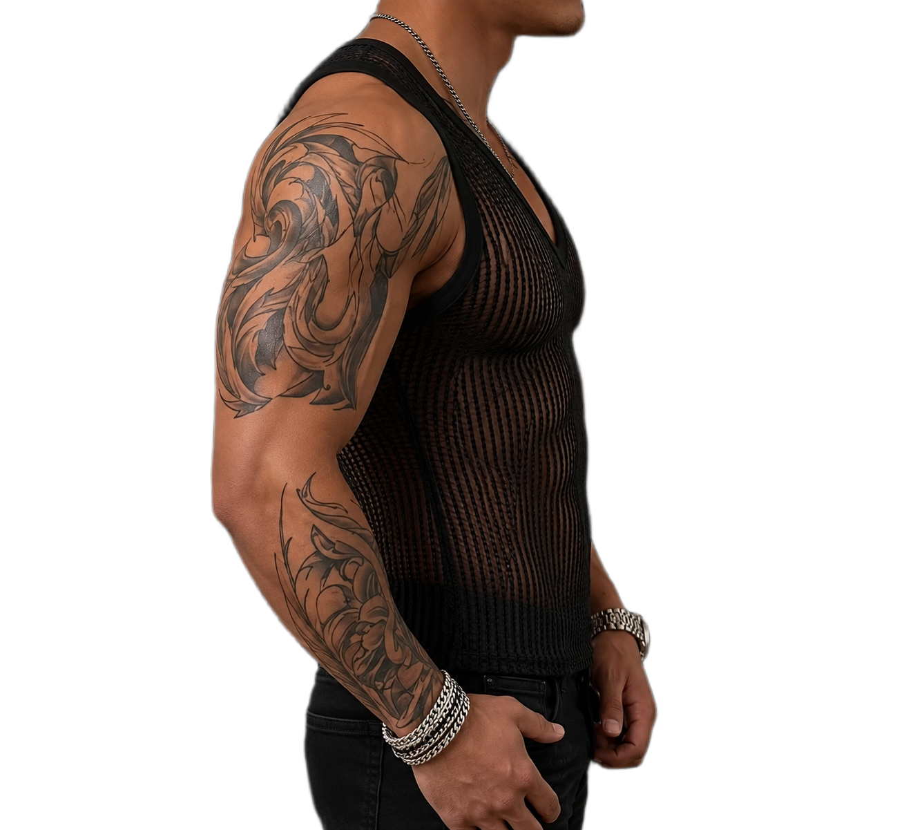 Transparentes Herren Mesh-Top mit Streifenstruktur in Schwarz