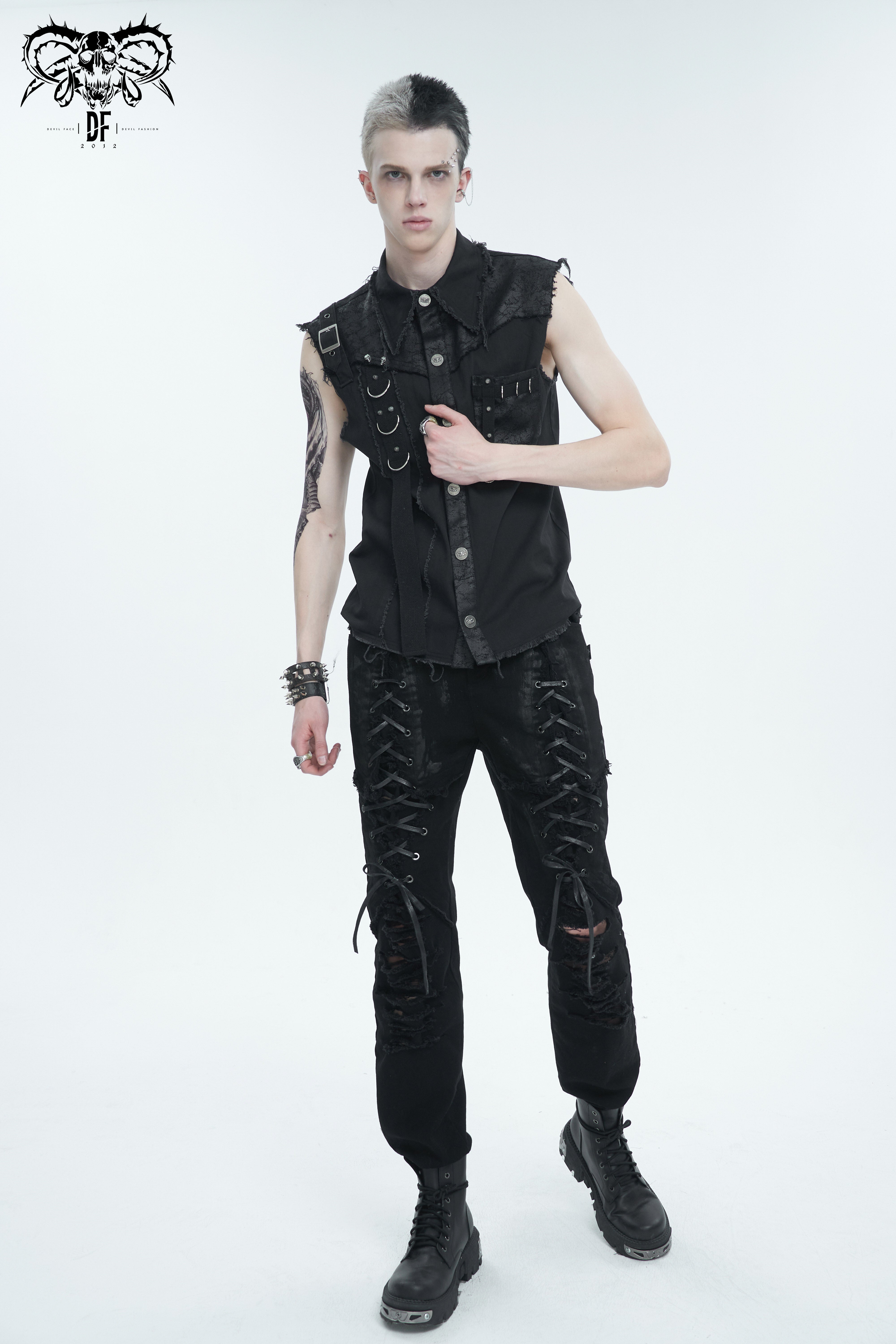 Devil Fashion "Dead" Herren Weste – Distressed Punk Denim mit D-Ringen & Skull-Nieten