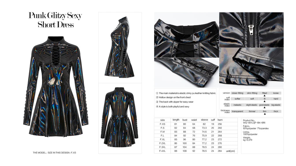 Tailliertes Gothic A-Line Minikleid aus glänzendem Holo-Lack