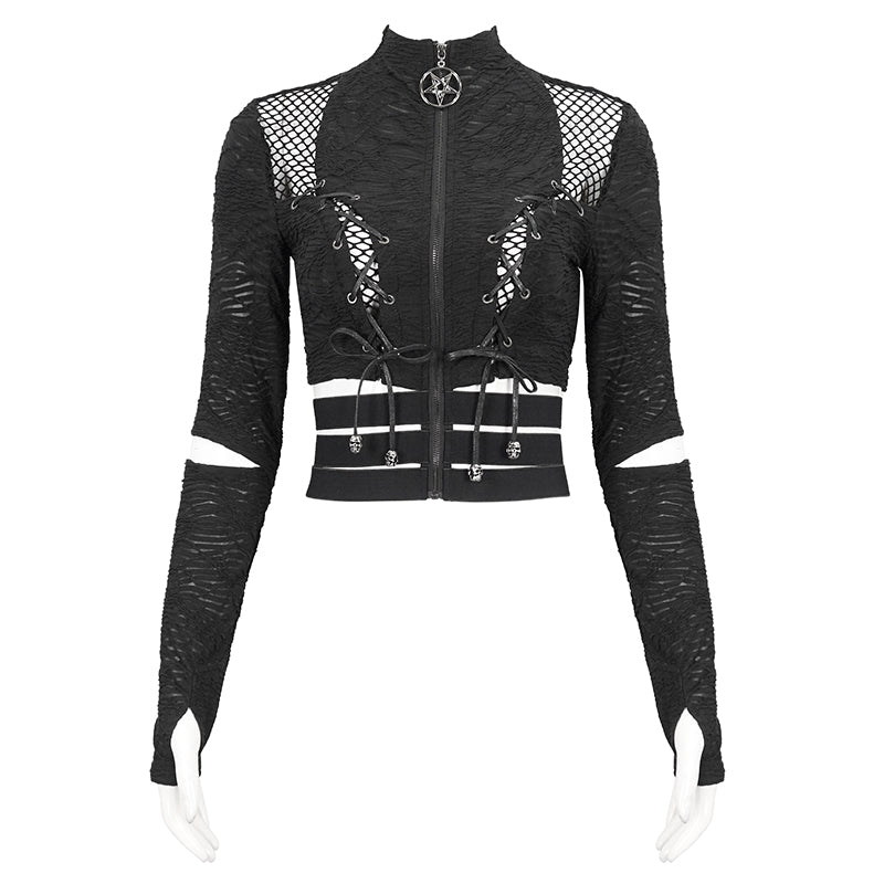 Gothic Cut-Out Longsleeve Crop Top mit Schnürung und Pentagramm-Zipper