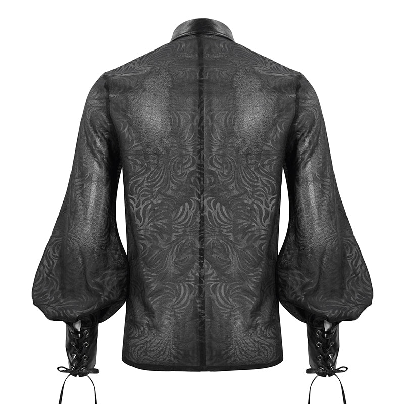 Schwarzes Gothic Herrenhemd mit PU-Leder-Kragen und Druckknöpfen