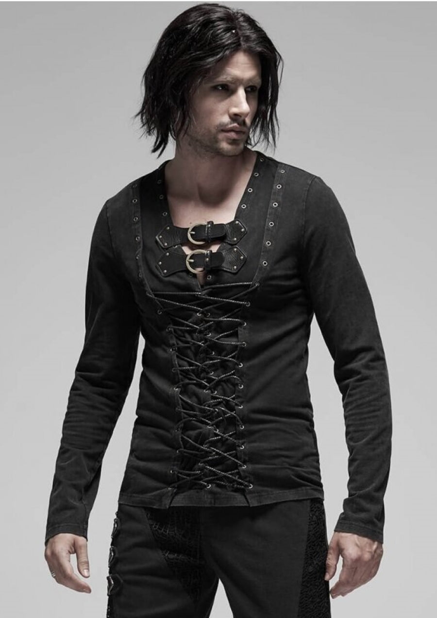 Schwarzer Herren Steampunk Pullover mit Schnürung & Schnallen – Punk Rave.