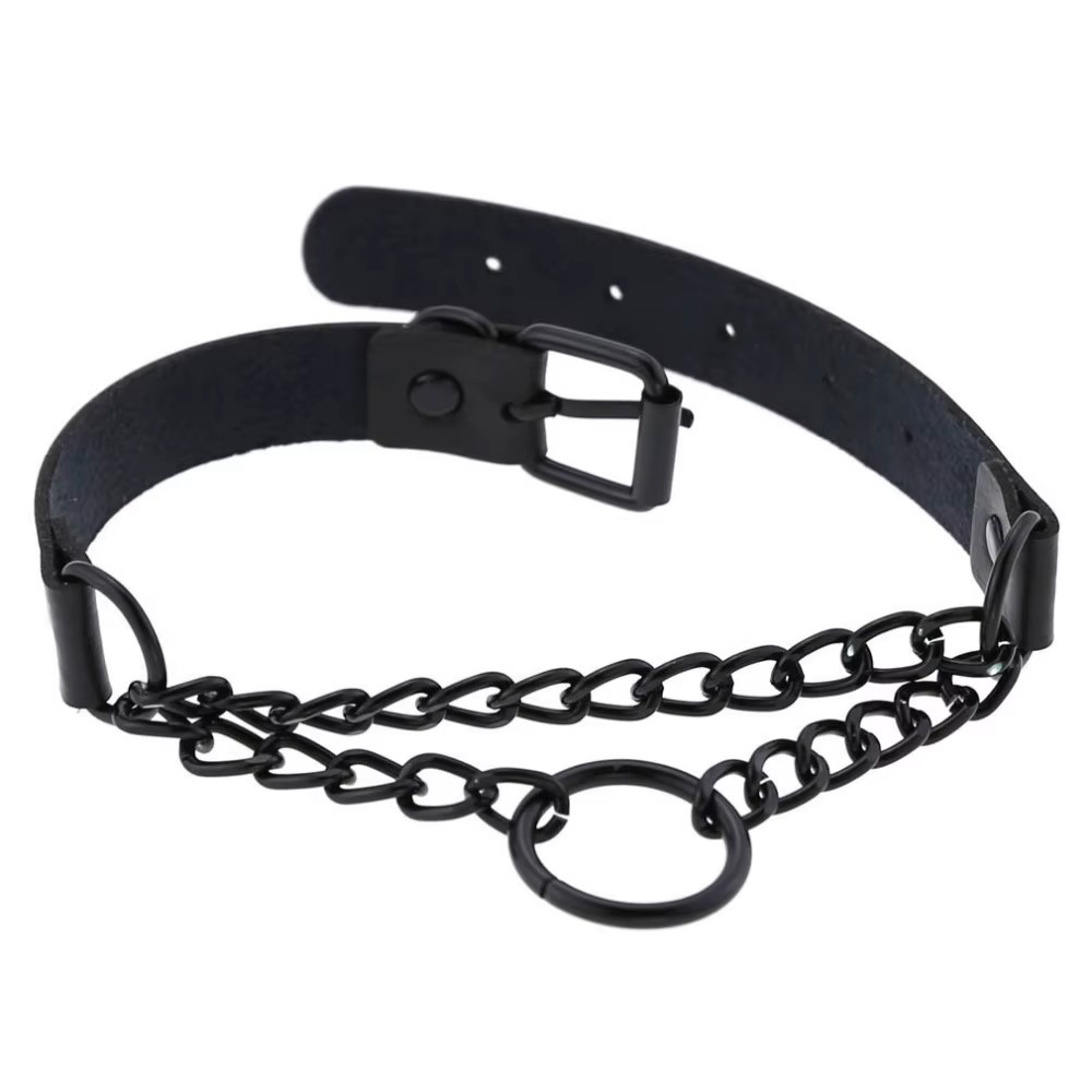 Nightbound – Schlichtes Lederhalsband mit schwarzem Ketten-Layering | mySecretKey