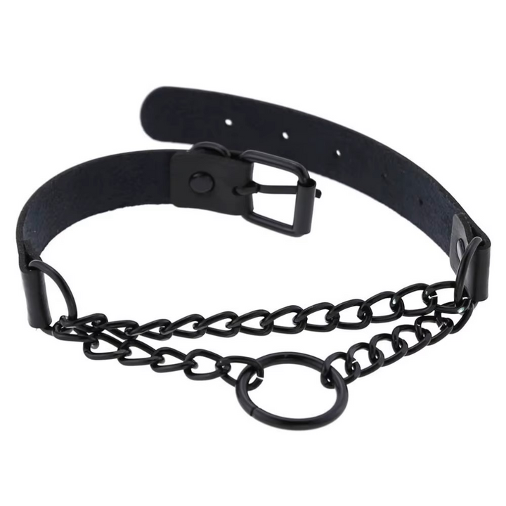 Nightbound – Schlichtes Lederhalsband mit schwarzem Ketten-Layering