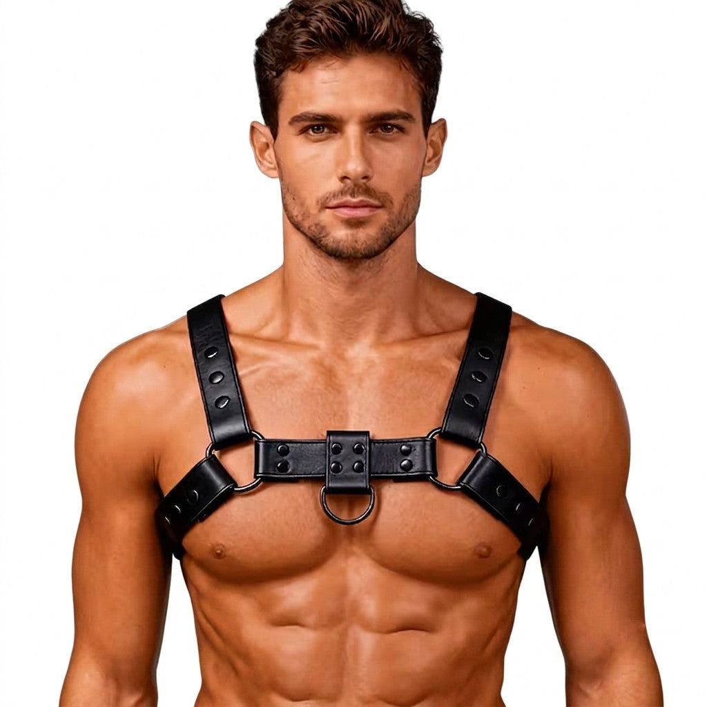 Verstellbarer Herren PU-Leder Harness mit Mittelring Schwarz 72-87 cm