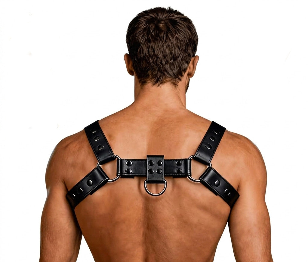 Verstellbarer Herren PU-Leder Harness mit Mittelring Schwarz 72-87 cm