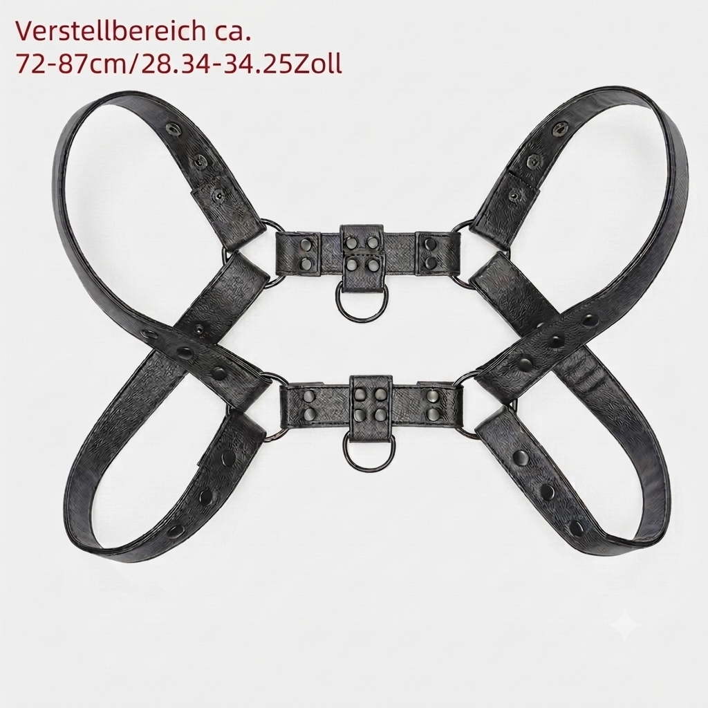 Verstellbarer Herren PU-Leder Harness mit Mittelring Schwarz 72-87 cm