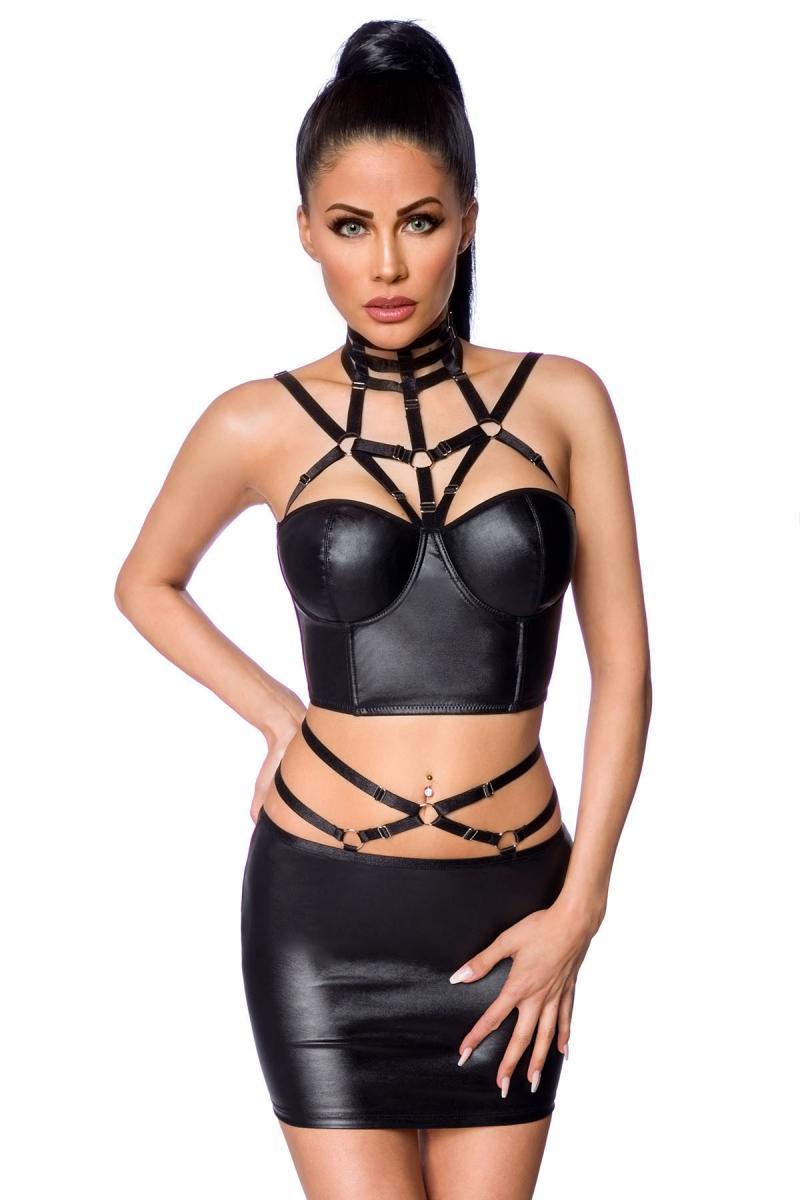 Sexy Wetlook-Set von SARESIA mit Multi-Strap Top und Minirock in Schwarz, Vorderansicht