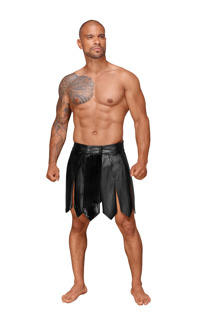 Schwarzer Herren-Gladiator-Rock aus Öko-Leder mit plissiertem, abnehmbarem PVC-Frontpanel – Vorderansicht