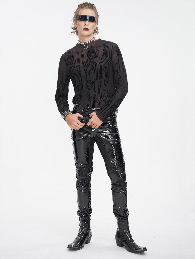 Black Gothic Cyberpunk Mesh Shirt – Herren Longsleeve mit Tech-Pattern.