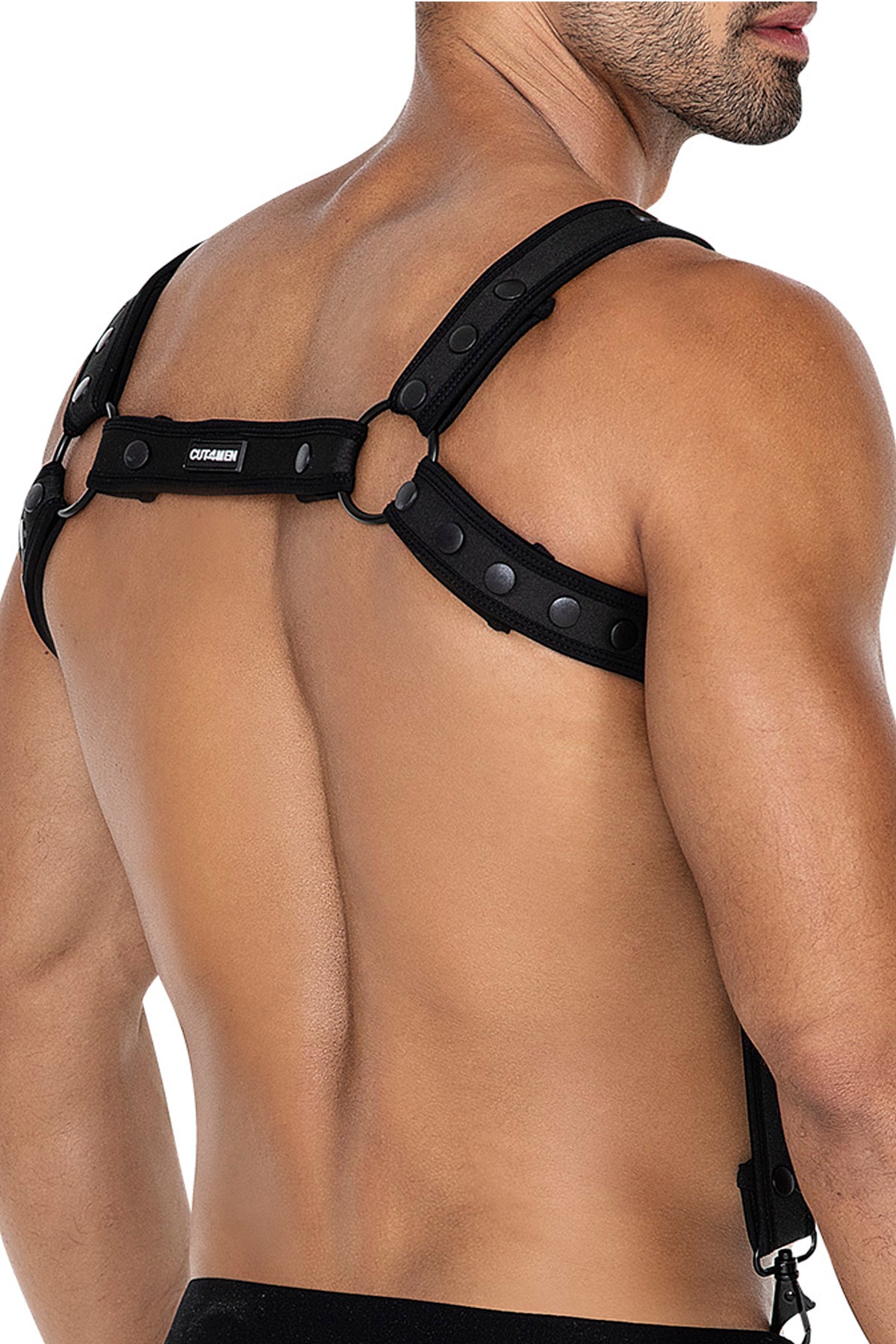 Rückansicht des Neopren Harness mit CUT4MEN Logo und Karabinern