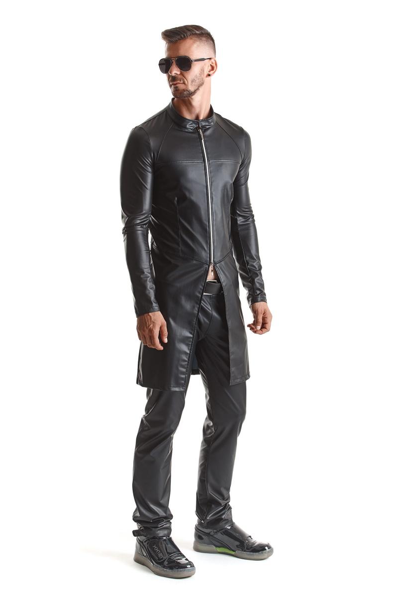 Schwarzer Wetlook Mantel für Herren mit silbernem 2-Wege-Reißverschluss
