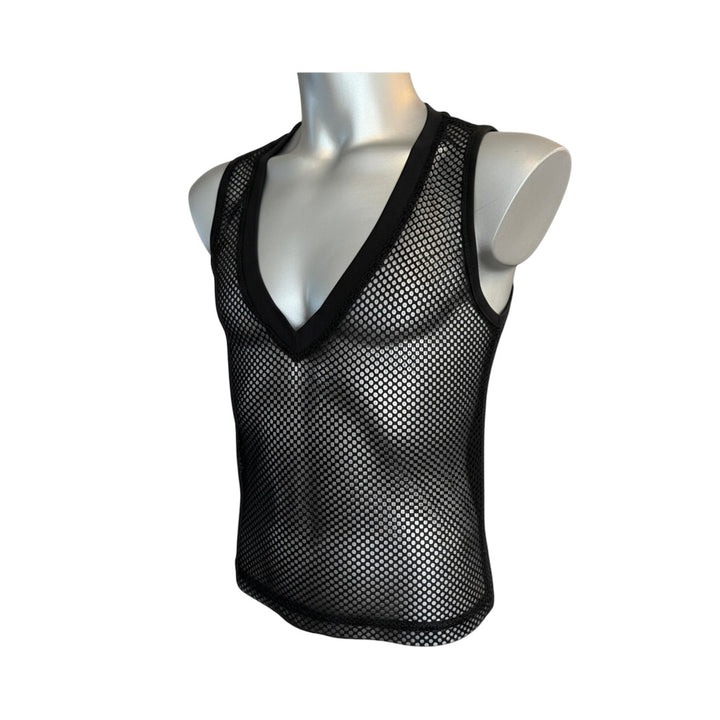 Schwarzes Mesh-Tanktop für Herren mit tiefem V-Ausschnitt – Frontansicht