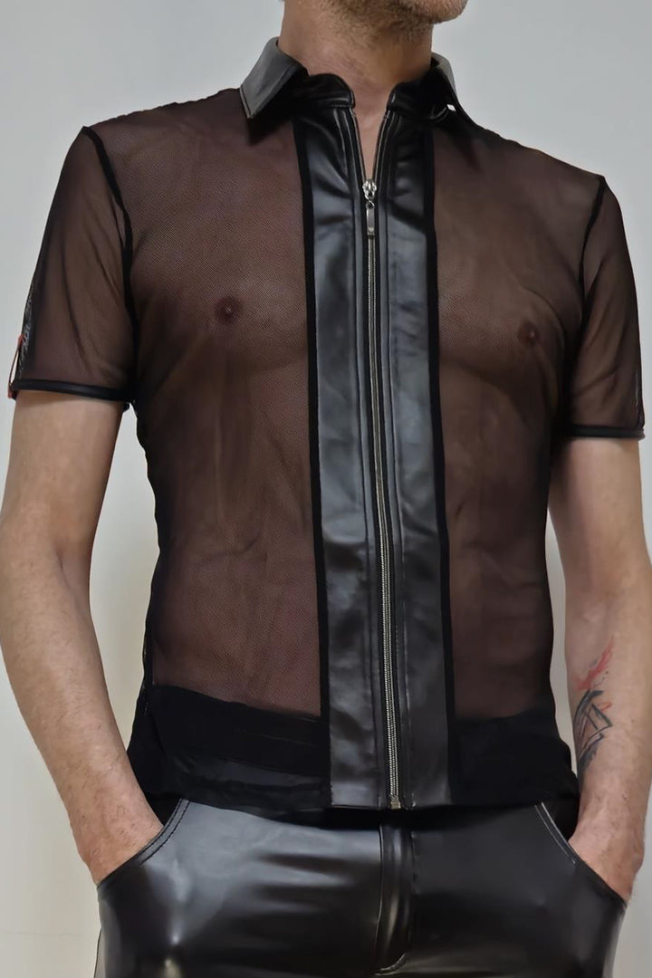 Transparentes Wetlook Shirt RMUgo aus Mesh mit Stehkragen – Vorderansicht